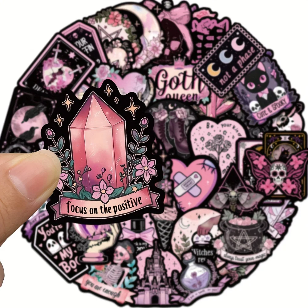 50Pcs Gothic Pink Ink Horror Cartoon Stickers Skull Bat Rose Castle Decals Laptop Halloween Colorful Whimsical Decor Stickers