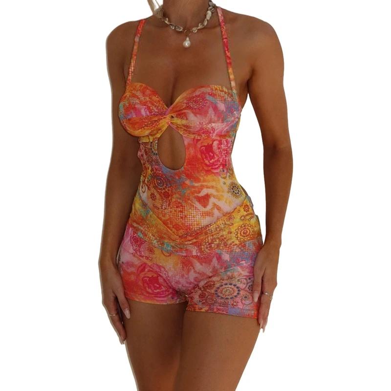 

STYLISH LADY Printed Playsuits 2025 Summer Women Halter Backless Bodycon Hollow Out Sexy Club Party Beach Short Rompers