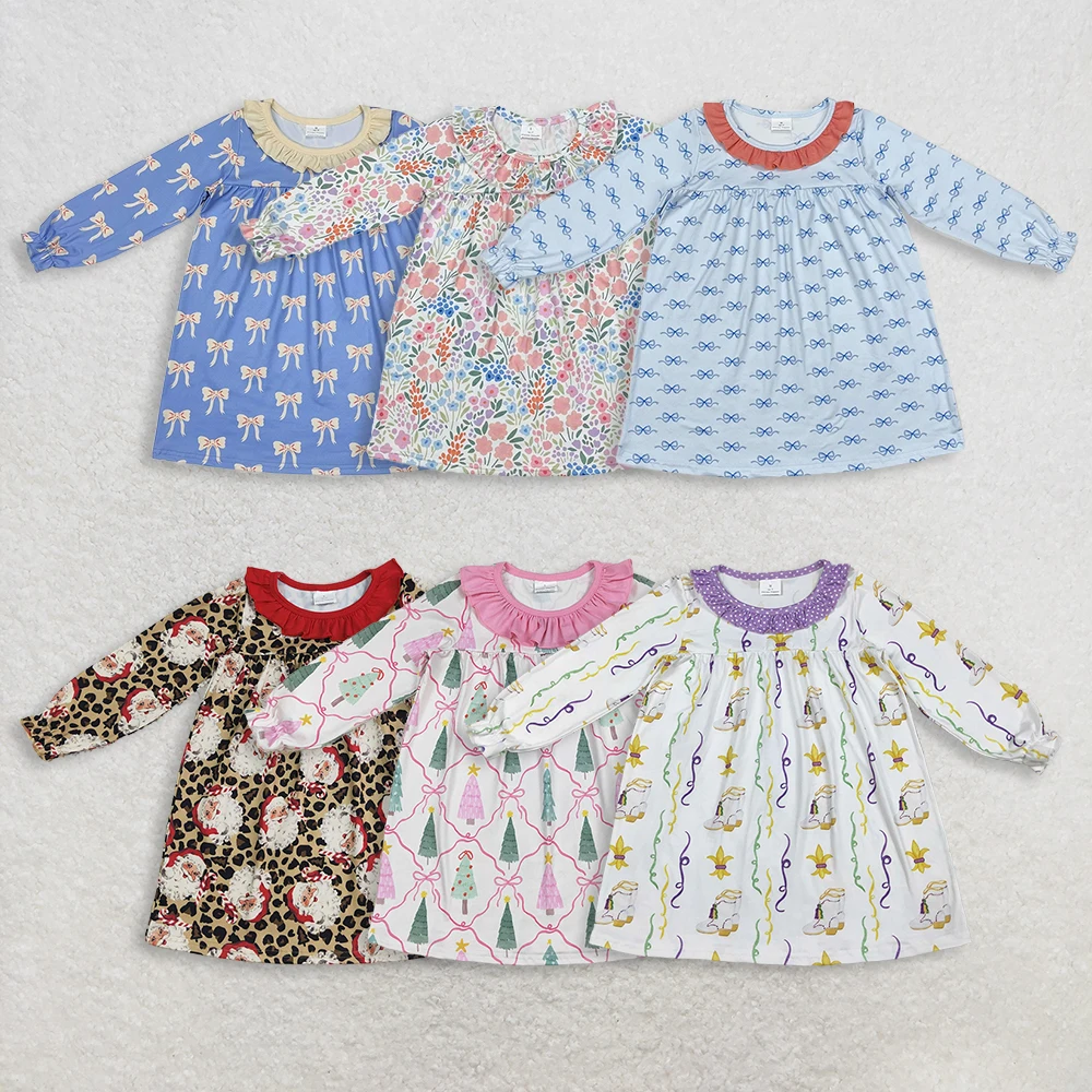 

Sibling Baby Girls Pink Christmas Trees Knee-Length Dress with Ruffle Long Sleeves And Bow Detail Festive Holiday Outfit