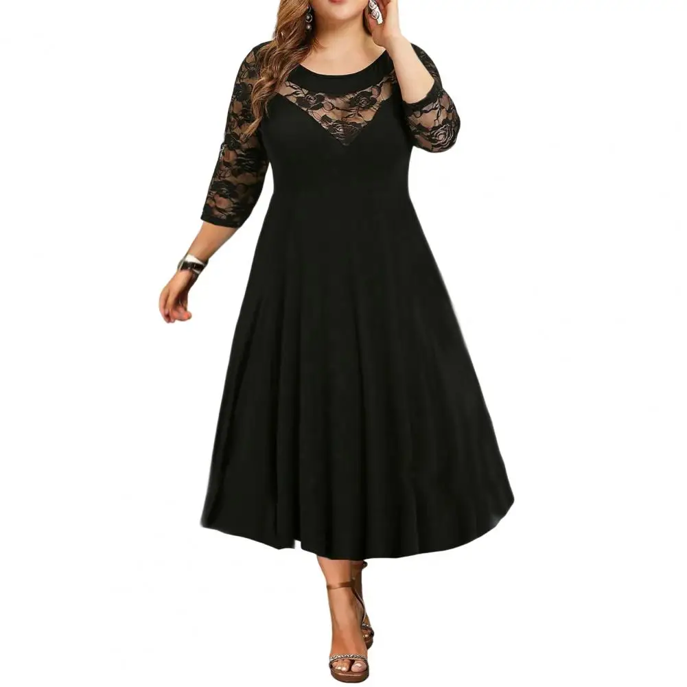 Beautiful Oversized Dress  A-Line High-Waist Women Dress  Plus Size Lace Stitching 3/4 Sleeve Evening Dress