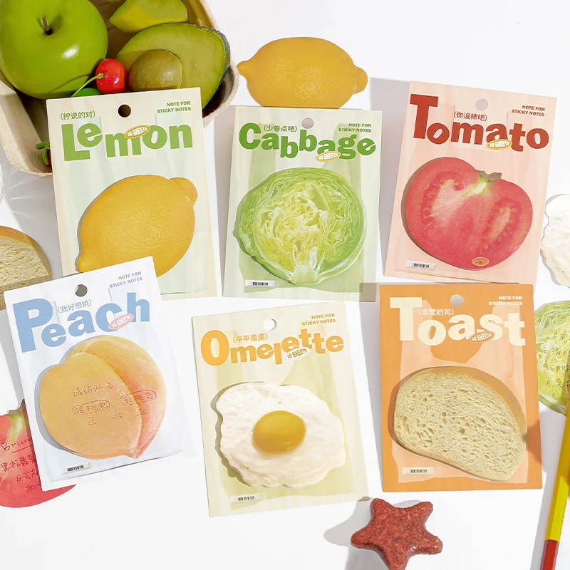 Fruit & Vegetable Pattern Cute Sticky Notes - Tomato Lemon Cabbage Peach Design Memo Pad for School Stationery Writing Paper