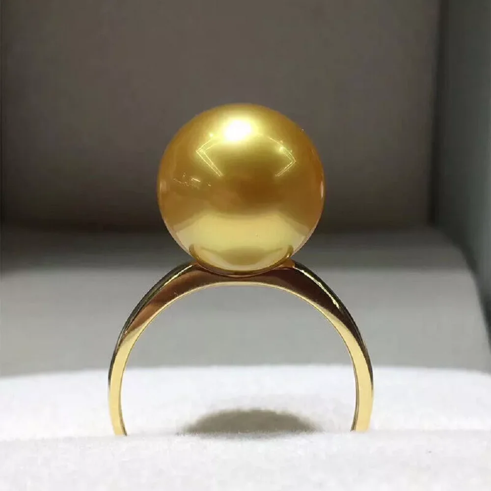 

Perfect AAAAA 11-10mm Authentic Natural Round South Sea Gold Pearl Ring Adjustable 925s