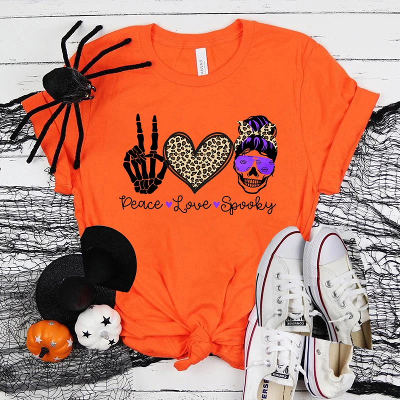 

(Premium T-shirt)Hot Halloween Peace Love Spooky T Shirt Women'S Funny Printing T-Shirt Casual Cool Streetwear Fashion T Shirt