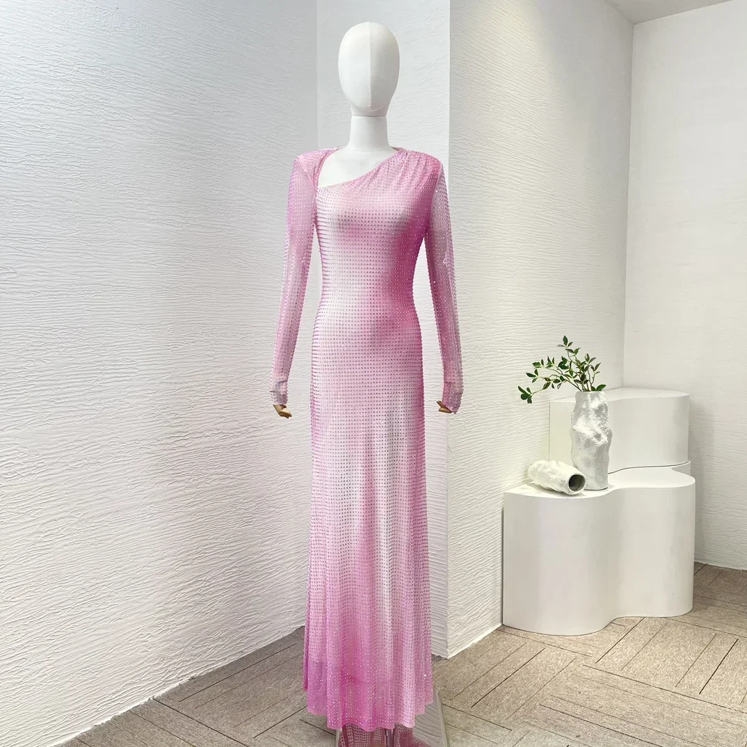 High Quality 2024 Spring Summer New Pink Diamonds Long Sleeve Diagonal Collar Button Trumpet Maxi Dress