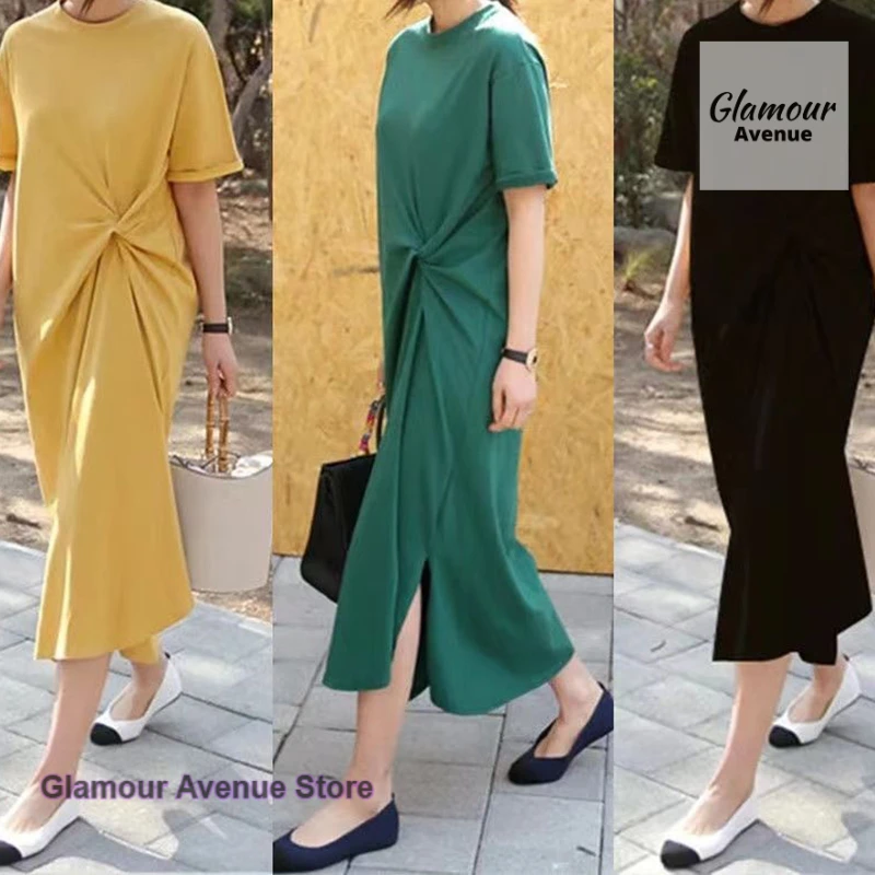 French style fashion casual niche dress female summer new loose solid color high sense temperament Joker long T-shirt skirt.