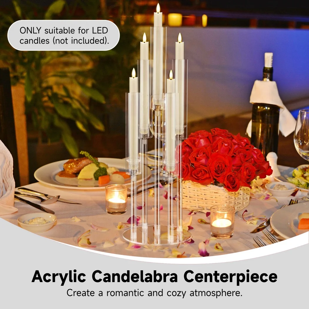 4Pcs Acrylic Candelabra 5-Arm Crystal Clear Candle Holders Pillar Taper Candlesticks Candlelight Dinner Fit 0.87