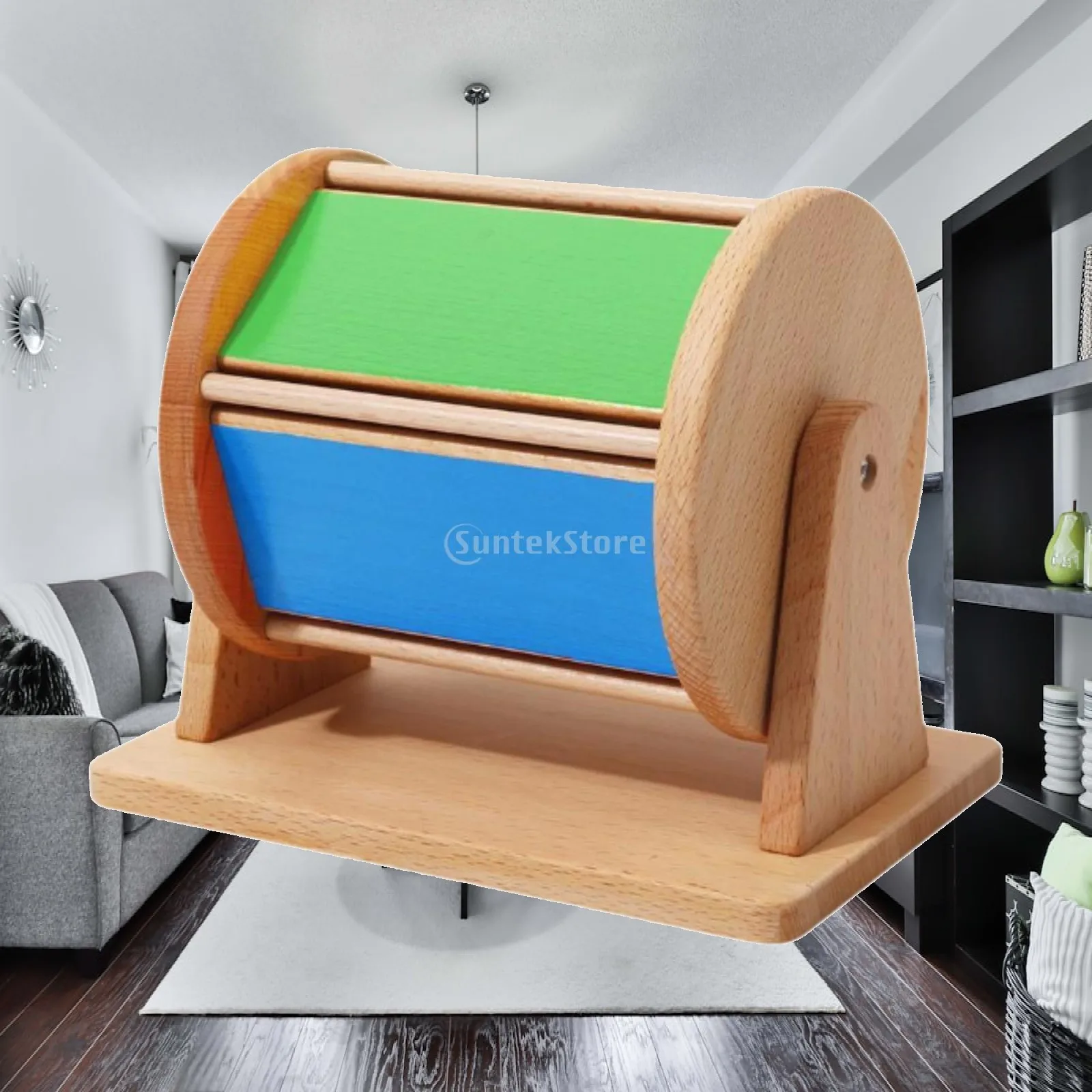 Colorful Rotating Drum Toy Wooden Spinner with Mirror Sensory Wheel for Toddlers Early Learning and Fine Motor Practice