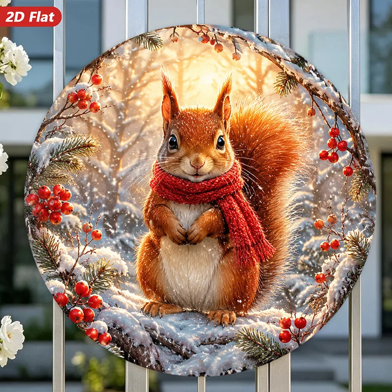 2D Flat, 1pc Winter Squirrel Charm Round Metal Sign Wall Art, Red Scarf Squirrel, Home Decor, Ideal for Garden Study, Snowy Fore