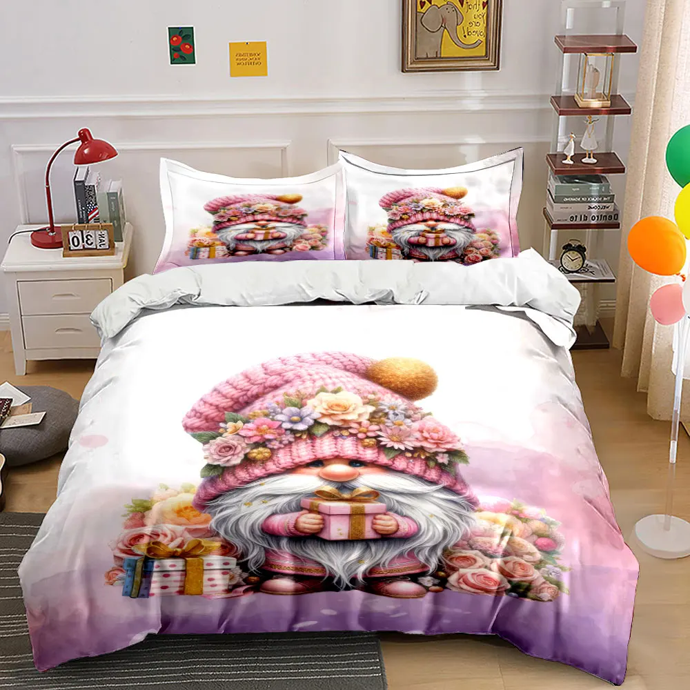 A pink-hatted gnome holding a gift with floral background Print Duvet Cover Bedding Set Included 1*Duvet Cover 2*Pillowcases