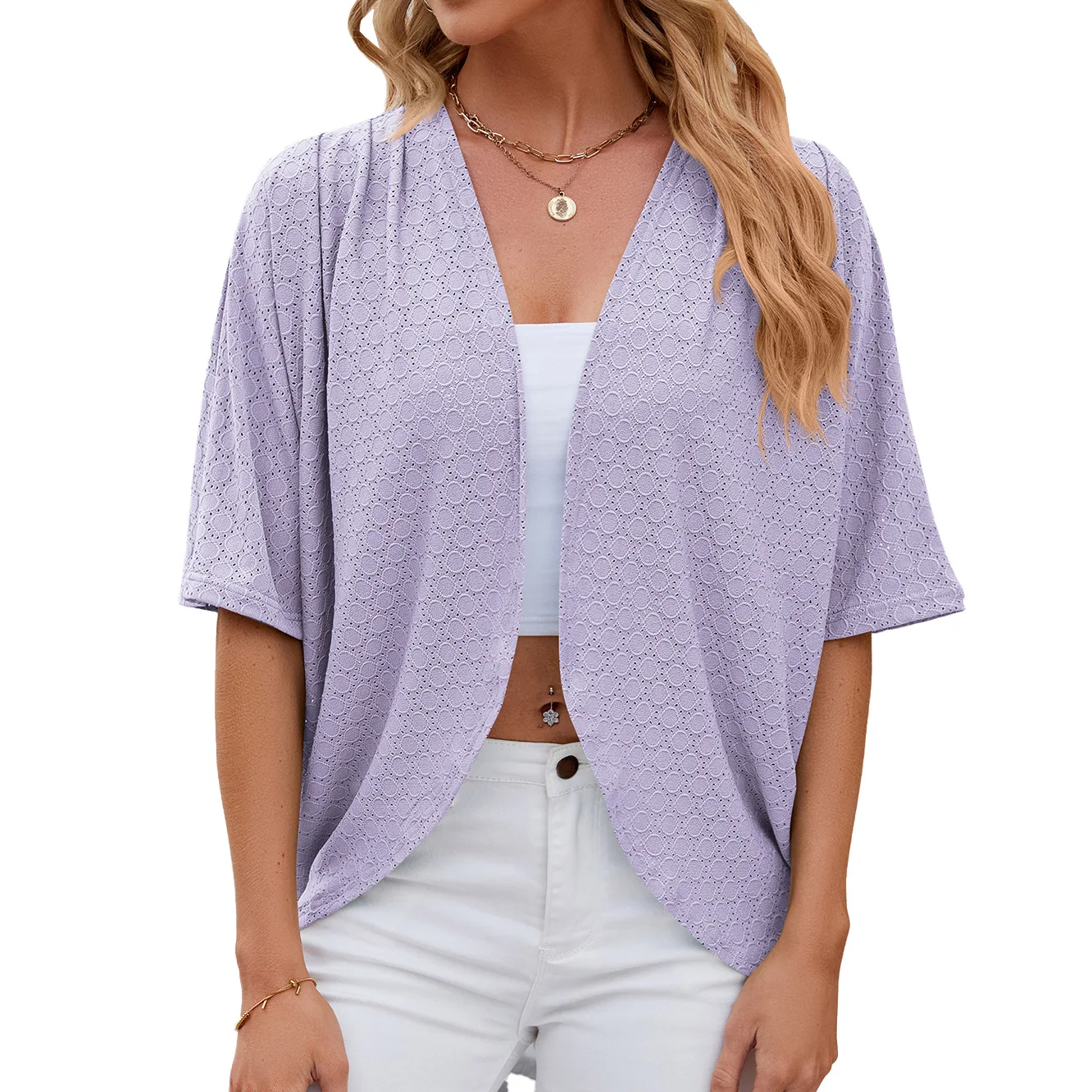 2024 New spring Summer Fashion Ladies Hollow Out Cardigan solid color circle short-sleeved casual loose top Women Outwear