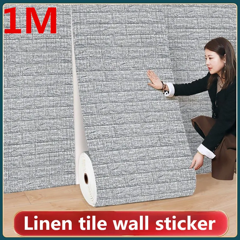 1M Self-adhesive Waterproof PE Cotton Linen Wall Sticker Living Room Bedroom Ceiling Faux Brick Wallpaper New Style