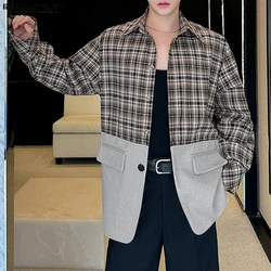 Fashion Casual Style Tops INCERUN New Men's Plaid Splicing Design Suit Coats Handsome Male Loose Long Sleeved Blazer S-5XL 2024