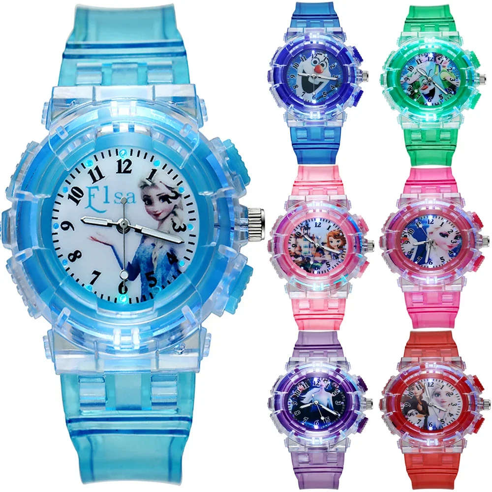 New Disney Frozen Elsa Princess LED Glowing Watch Figure Toys Children's Cartoon Watch for Boy and girl Christmas Toys Gifts