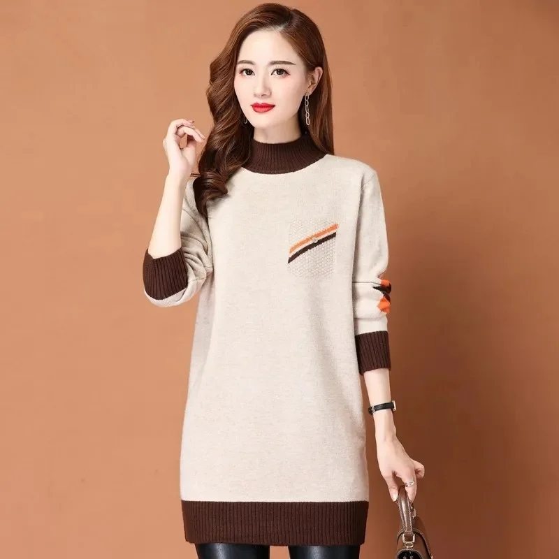 Autumn Winter Women\'s Sweater Pullover New Color Matching Half High Neck Mid Long Knitted Sweater Bottoming Shirt Female Tops