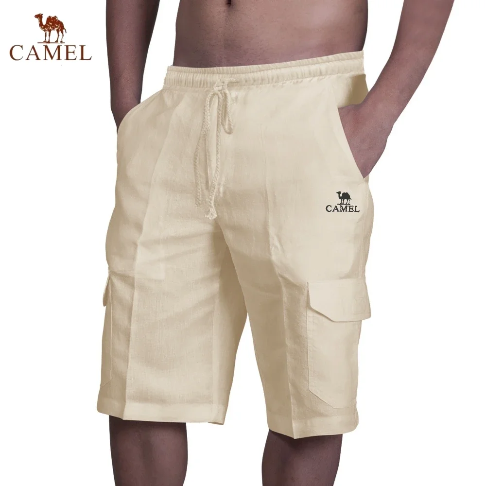 High End Embroidered CAMEL Pure Cotton Linen Shorts for Men\'s Summer Fashion, Casual, Comfortable and Breathable Beach Swimwear