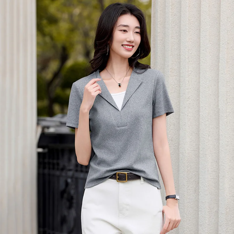 New Women Summer Simplicity Gray T-shirt Fashion Contrast Color Patchwork V-Neck Short Sleeve T-shirt Easy match Casual T-shirt