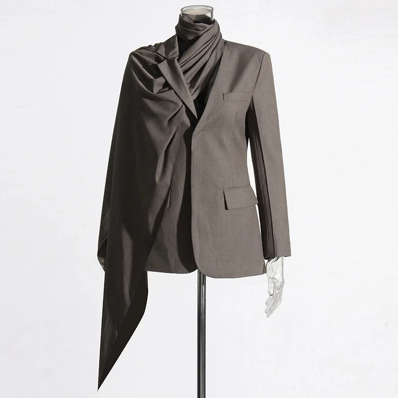 HKSH Spring Autumn New Women Blazer Elegant Niche Design Pleated Shawl Patchwork Multi-Way Wear Solid Color Elegant Coat HK17852