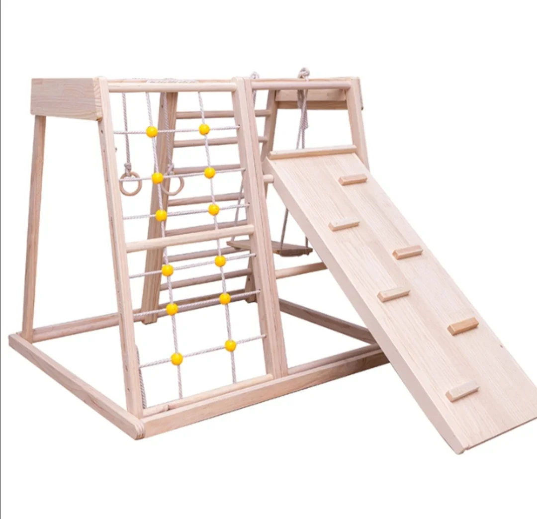 6-in-1 Indoor Outdoor Playground Climbing Gym Swing Trapeze Combination Sets Kid Wooden Climbing Frame