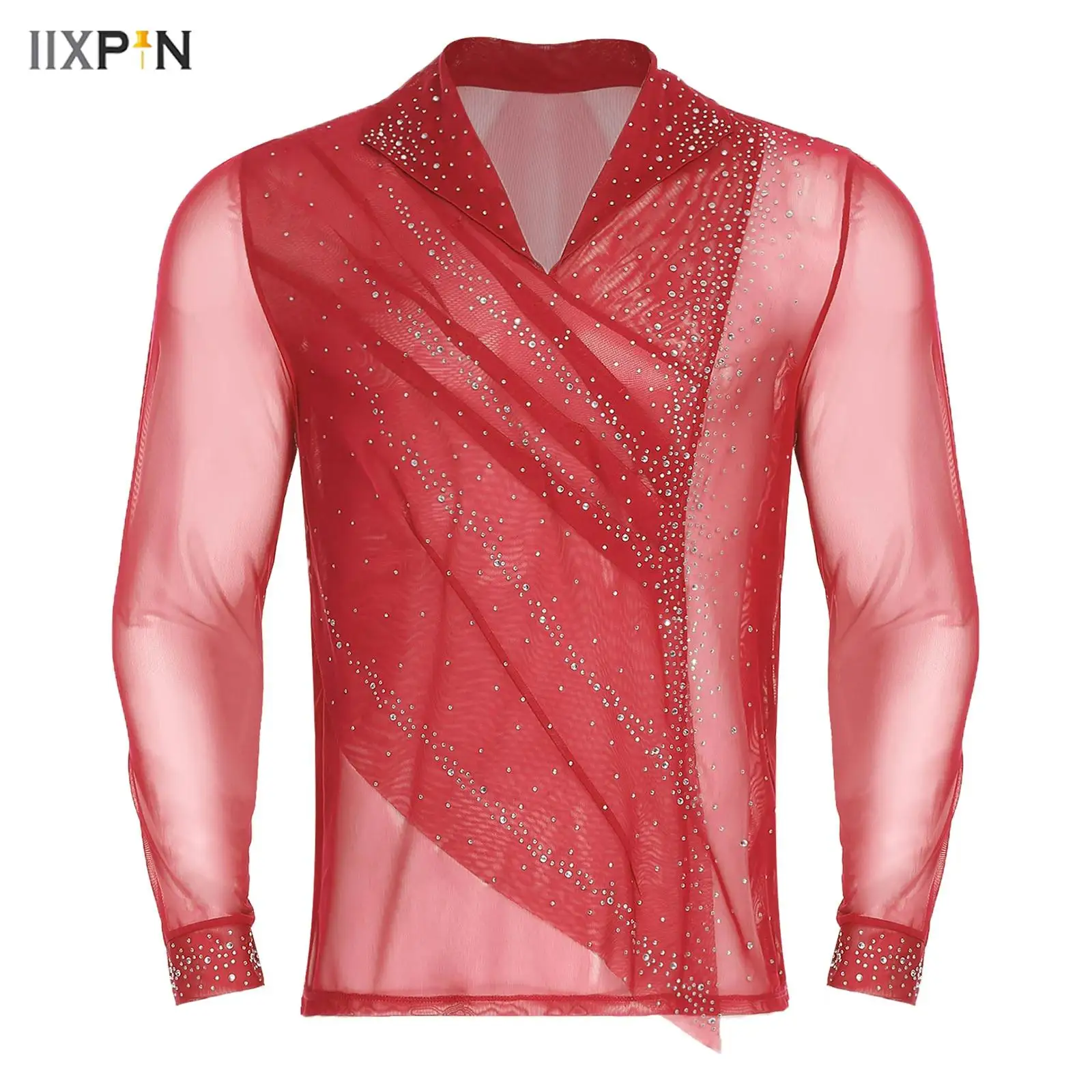 

Mens Figure Skating Tops Shiny Rhinestones Sheer Mesh Front Ruched V Neck Long Sleeve Pullover Shirt for Gymnastics Performance