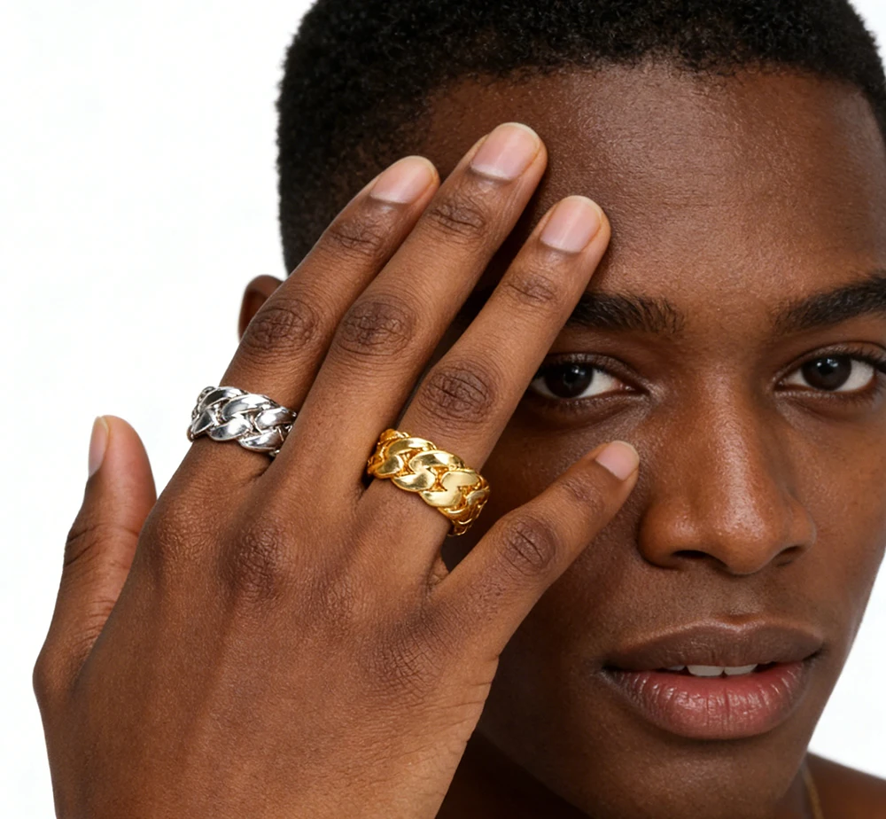 

Hip Hop 8mm Wide Round Cuban Ring Iced Brass Smooth Fashion Gold Plated Miami Men's and Women's Wedding Ring