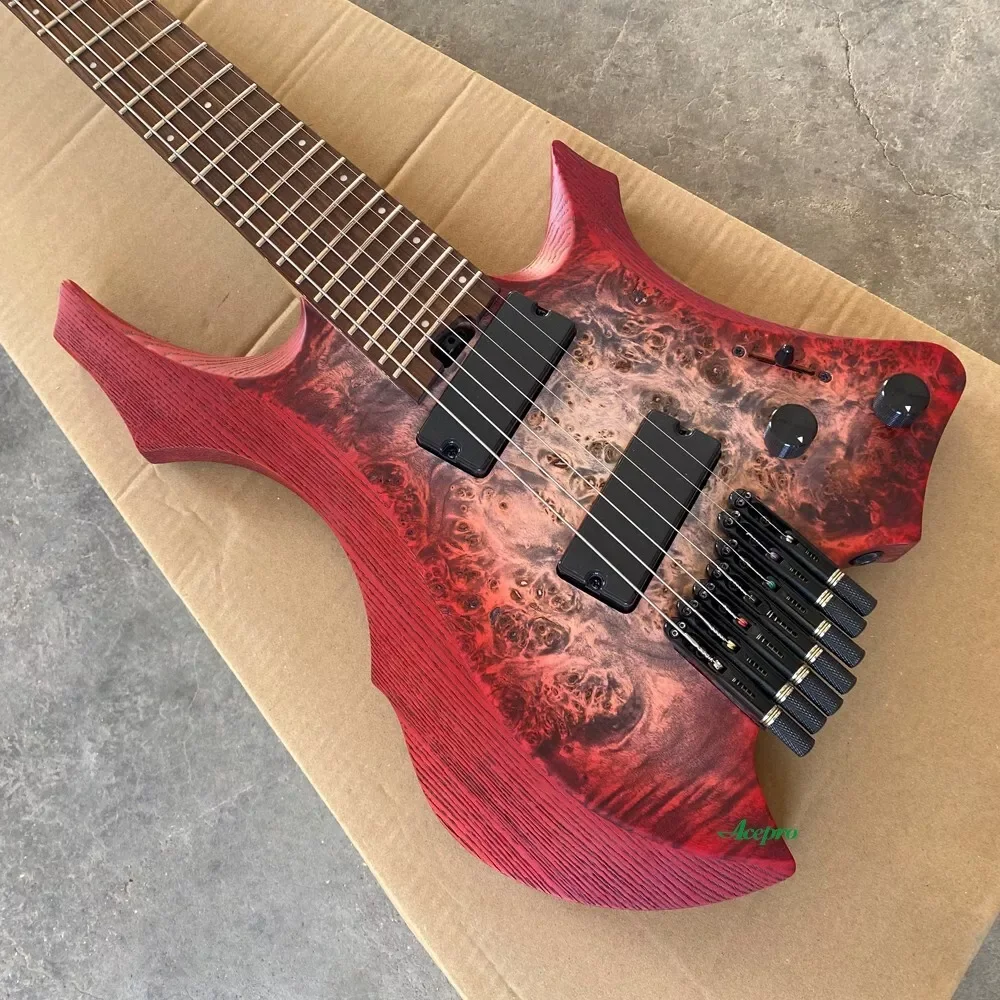 7-strunowa bezgłowa gitara elektryczna Red Burl Maple Ash Body Fanned Frets Active Pickups 9-częściowa szyjka, Jumbo Frets ze stali nierdzewnej