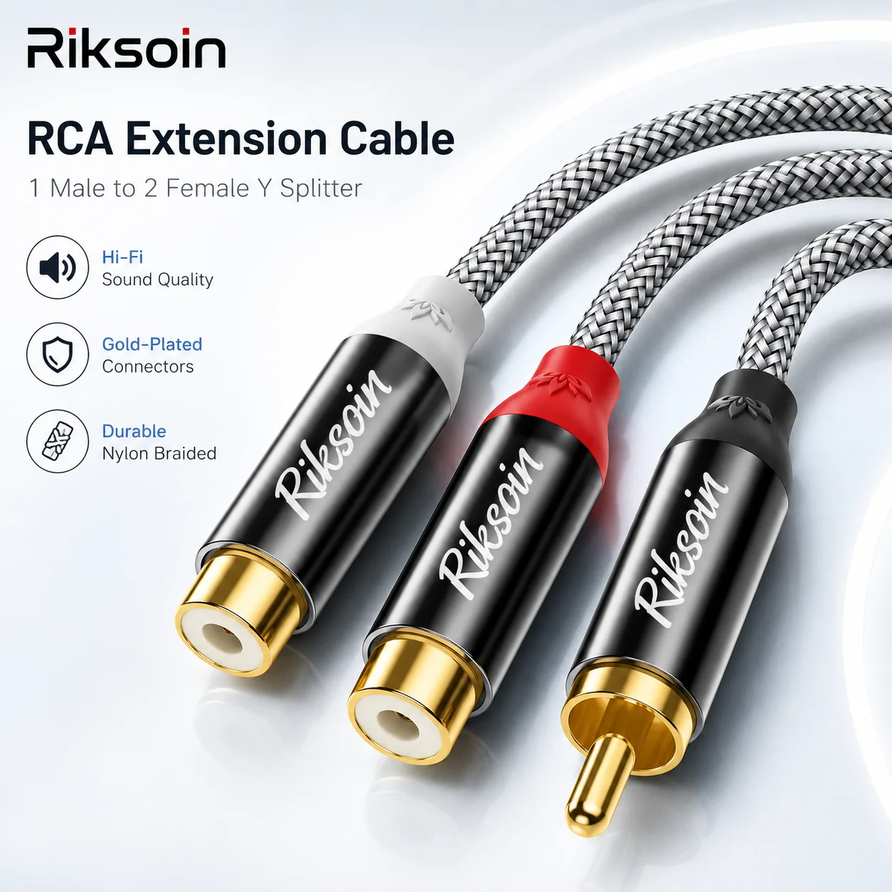 Riksoin RCA Male to Dual RCA Female Y Splitter Cable, Gold-Plated Audio Adapter for Stereo, Subwoofer, TV, Speaker, Home Audio