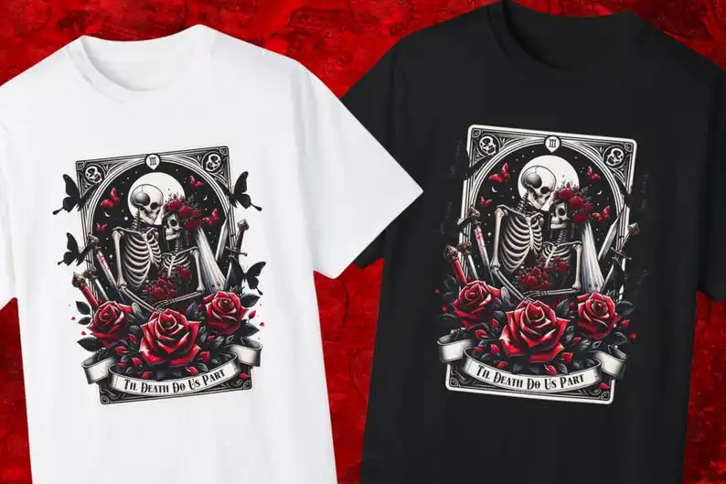 

Goth Bride and Groom Skeleton Tarot Card T-Shirt: Rock n Roll Wedding cotton Vintage round neck Streetwear Tees Short Sleeve