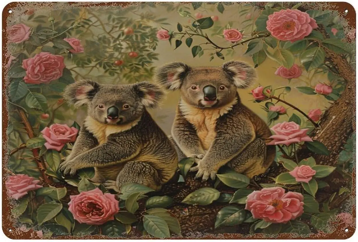 Letrero Metálico de Aluminio HighonHi con Dos Koalas en Rosas Rosadas, 8x12 Pulgadas, Diseño Abstracto de Koala en Acuarela, Letrero Decorativo Retro