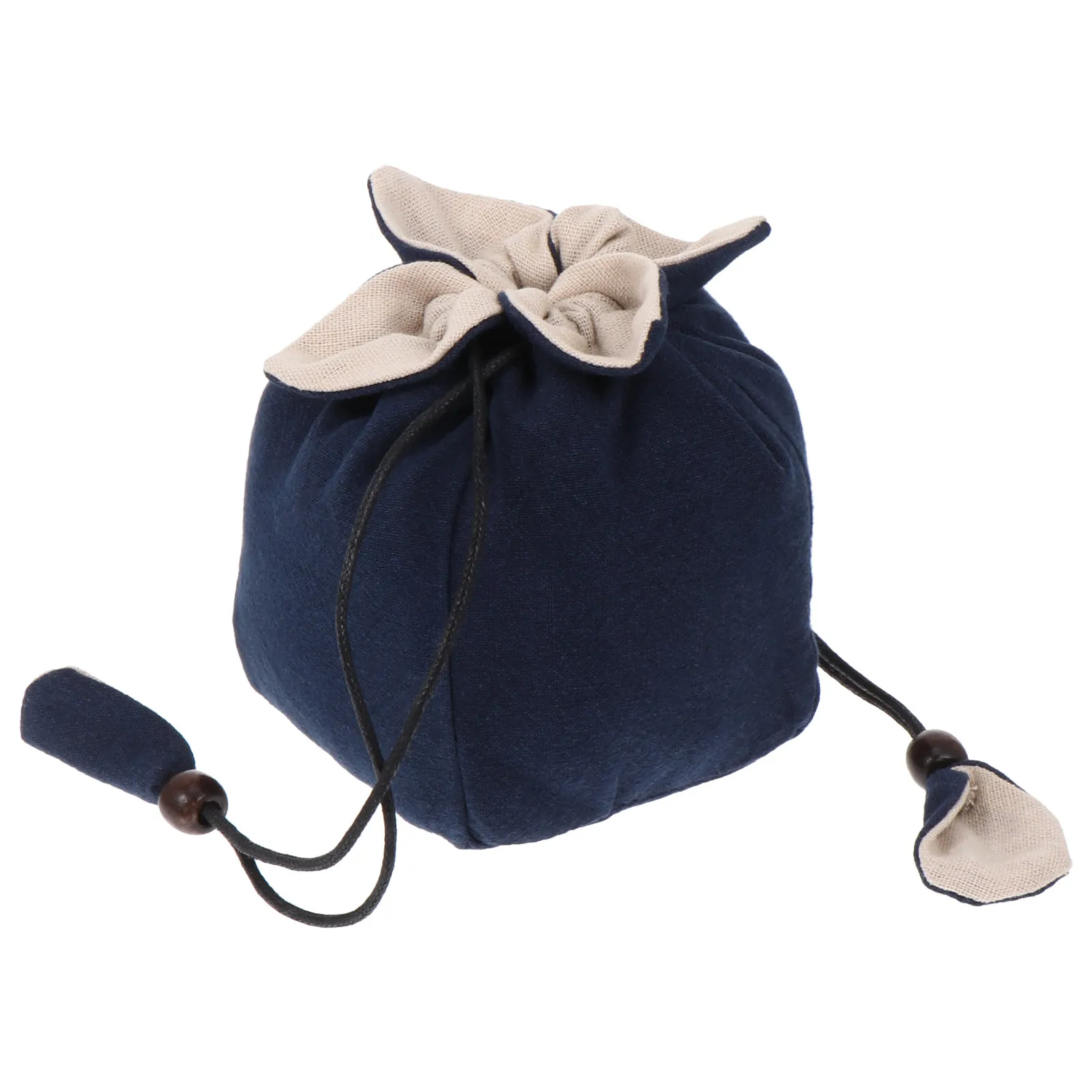Simple Elegant Teaware Pouch Cotton Linen Material Portable Tea Set Travel Bag Kung Fu Tea Storage Pouch with Wooden Bead Rope