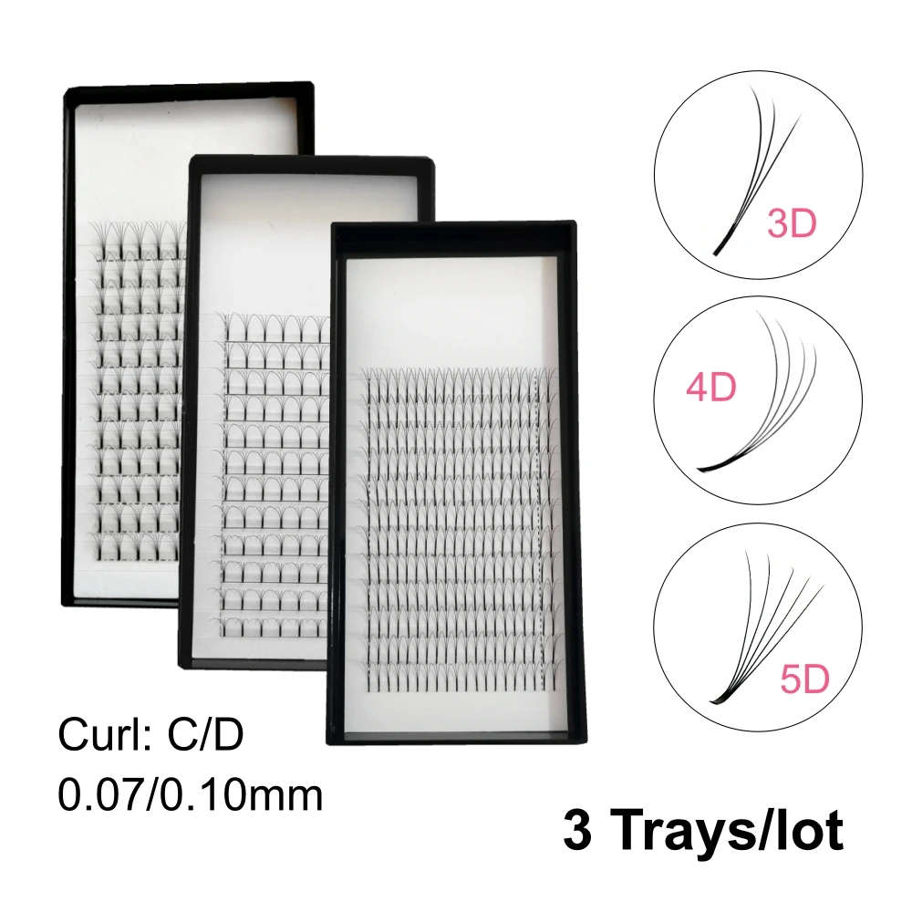 Long Stem 3D 4D 5D Premade Fans Eyelashes 3 Trays/lot C/D Curl 0.07/0.10mm 3D Eyelash Extensions Natural Black Individual Lashes