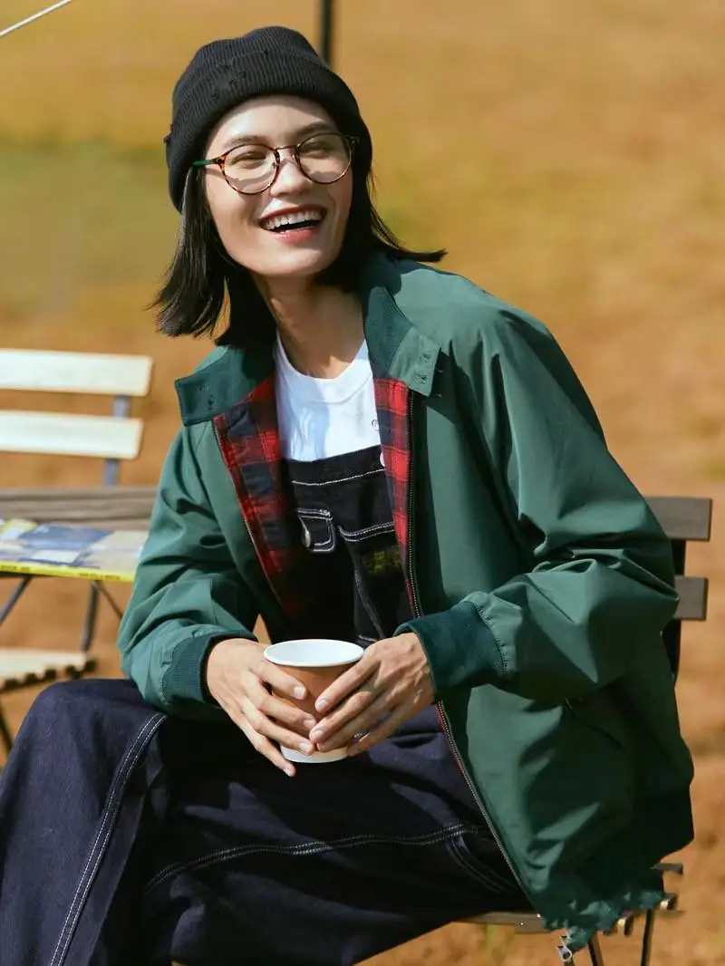 G9 해링턴 얇은 재킷 클래식 패션 캐주얼 체크 여성용 아우터웨어 봄 가을 스탠드핏 롱 슬리브 스탠드 칼라