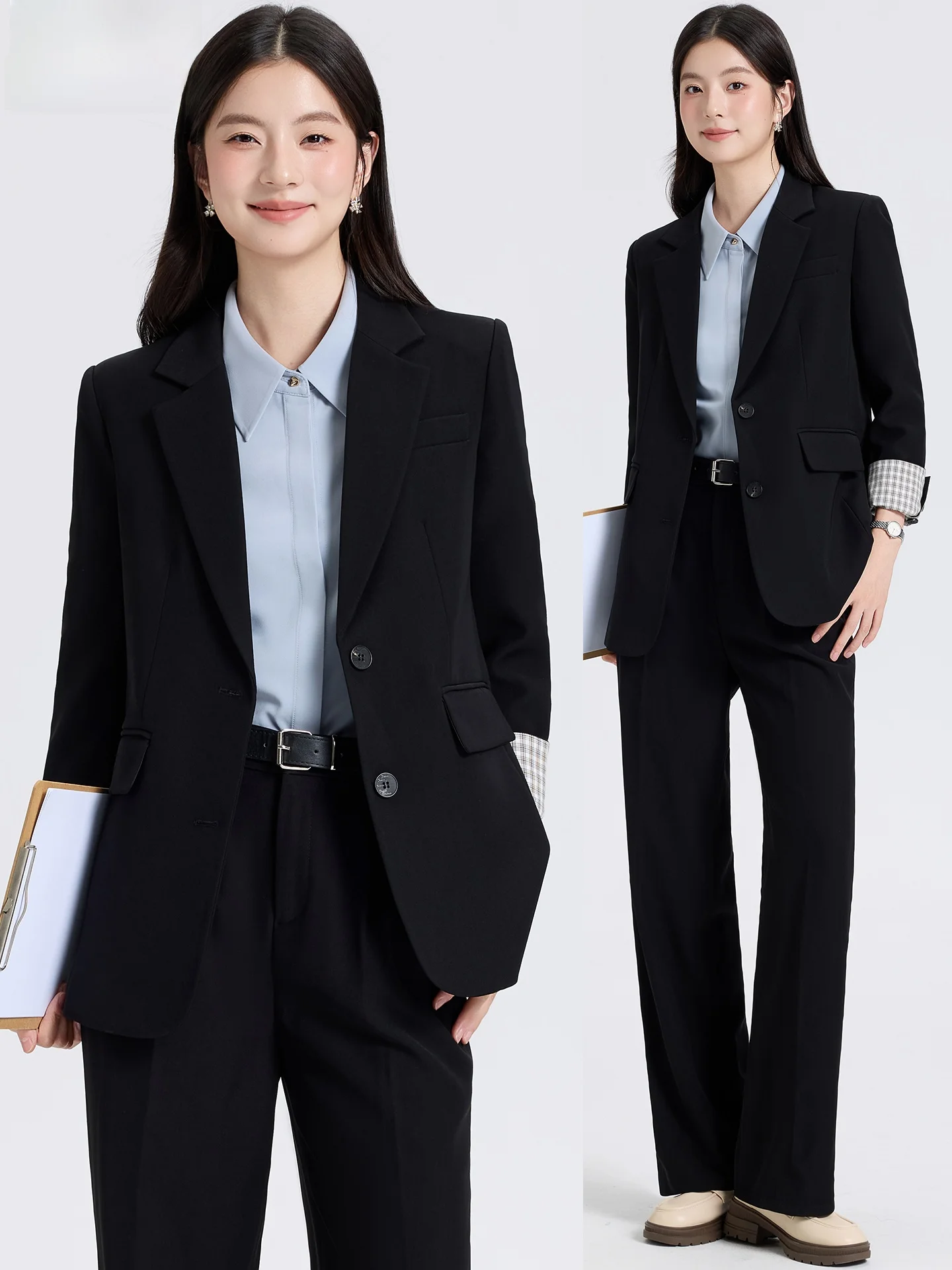 

Черный деловой костюм для женщин: осенний комплект для работы, профессиональный наряд для студенток, для собеседований, формальная одежда, полный комплект для карьеры, пиджак