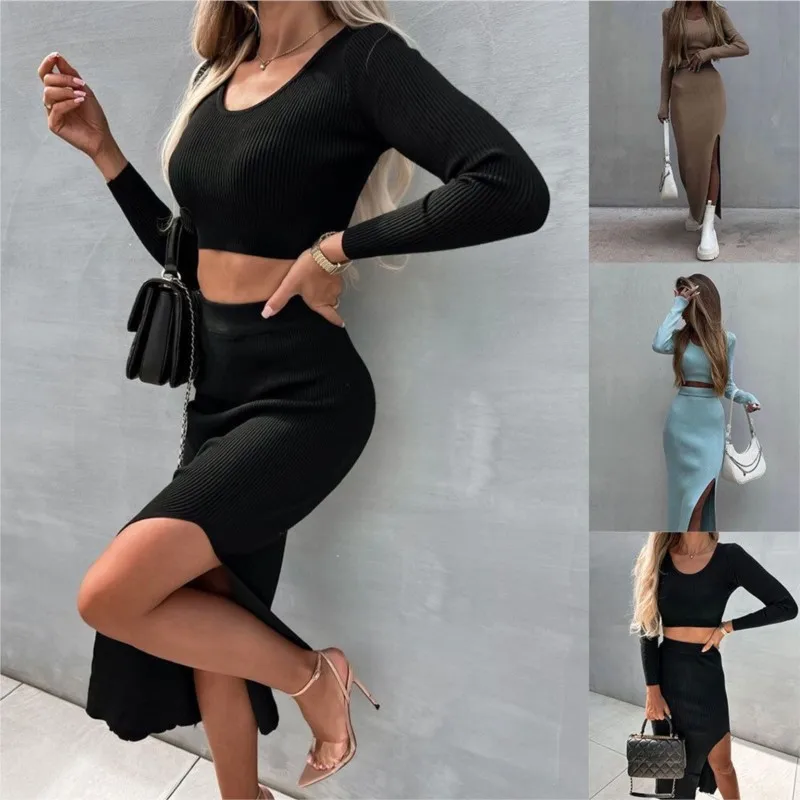 Spring Fall 2-piece Women\'s Ribbing O-neck Top & Skirt Suit Winter Street Fashion Long-sleeved Sexy Slim Crop Slit Skirt Dress