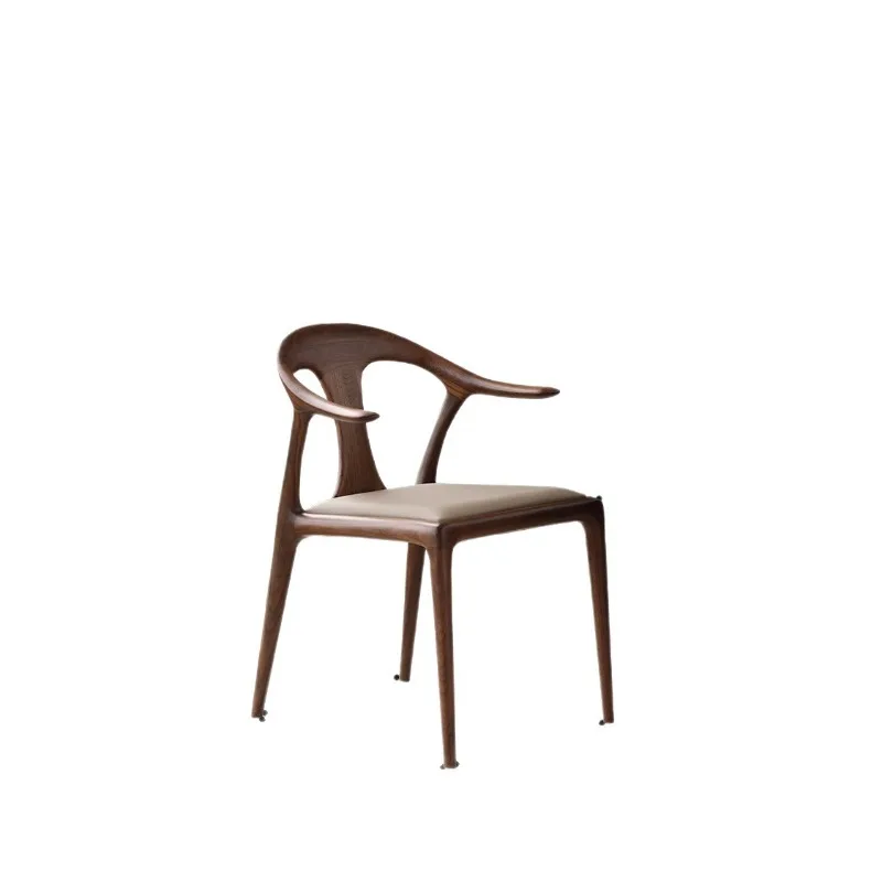 

North American black walnut dining chair, soft bag leather casual backrest all solid wood Italian simple armrest book chair