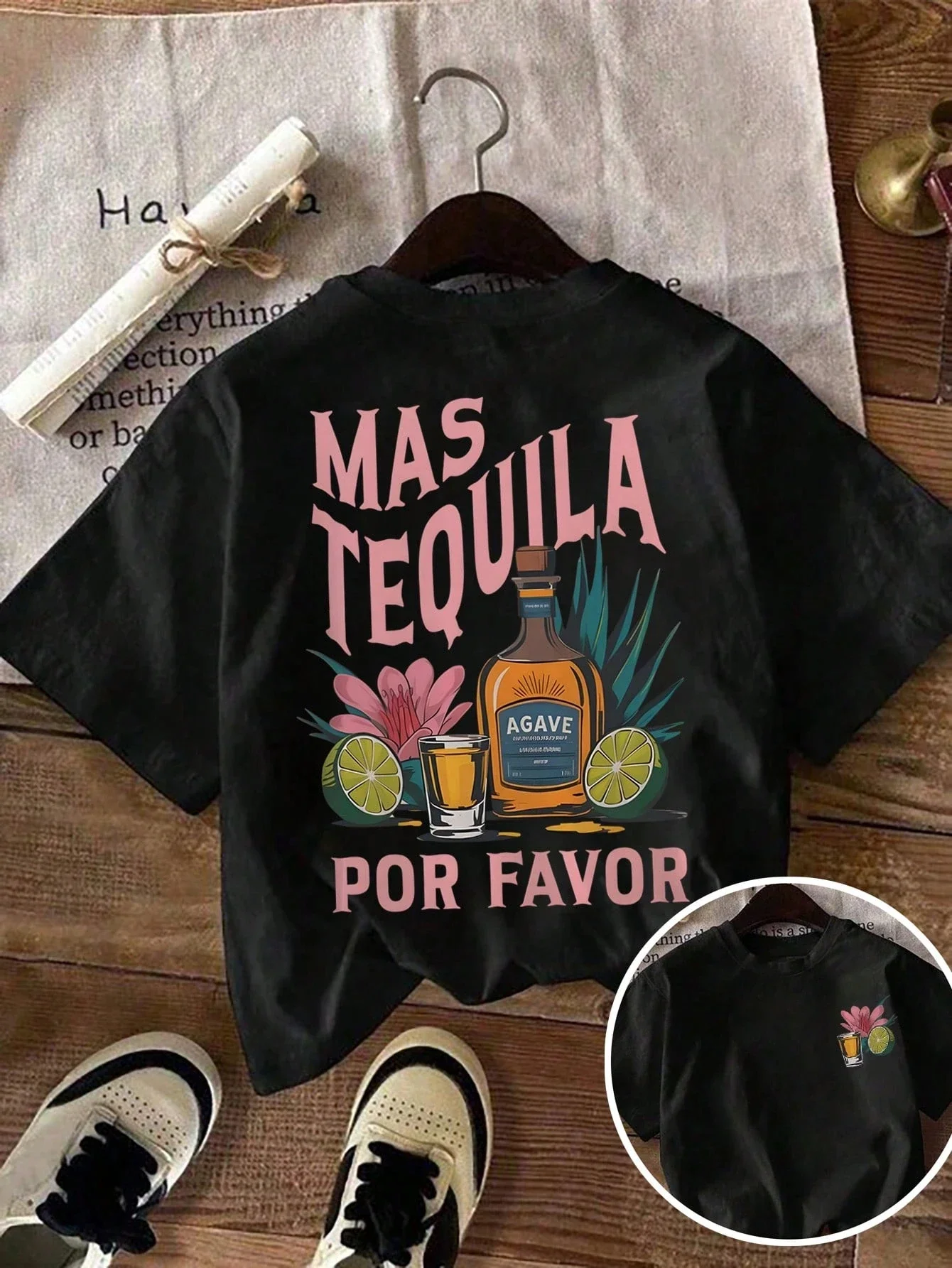 Mas Tequila Por Favor Camisetas estampadas para mujer, camisetas holgadas cómodas de manga corta con cuello redondo, ropa informal para mujer con gráfico