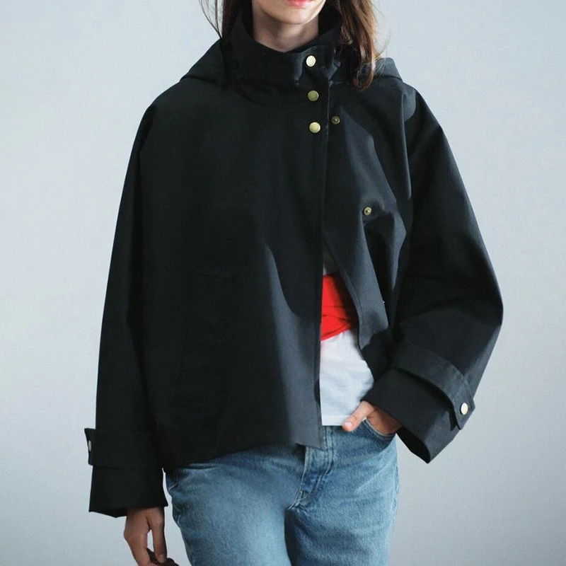 Women Loose Hooded Jacket Stand Collar Long Sleeve Single Breasted Short Coat Fall Winter New Casual Commute Windproof Outerwear