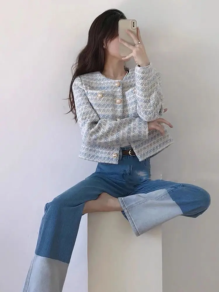 Tweed Jacket Women Pearl Buttons Long Sleeved Cropped Jacket Suit Short Overcoat Office Lady Women Clothing Retro Korean Coat