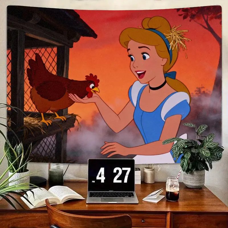 

1 шт. Гобелен Золушки и курицы Диснея, милая сказочная принцесса, настенное искусство, фермерский дом, эстетический полиэстер, декор комнаты, подарок для G
