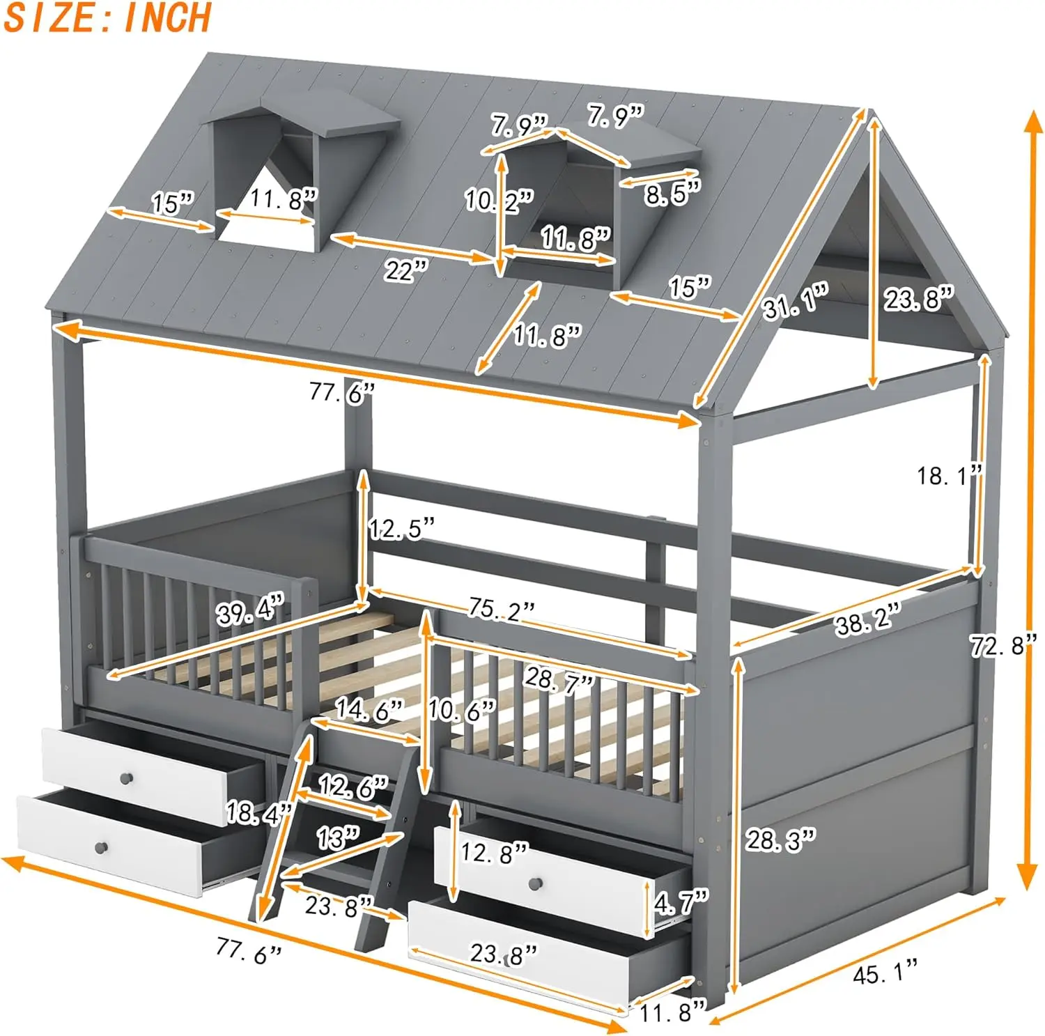 Struttura del letto della casa in legno di dimensioni doppie con recinzione a figura intera e 4 cassetti portaoggetti, letto per tenda da gioco per bambini con tetto e 2 gradini