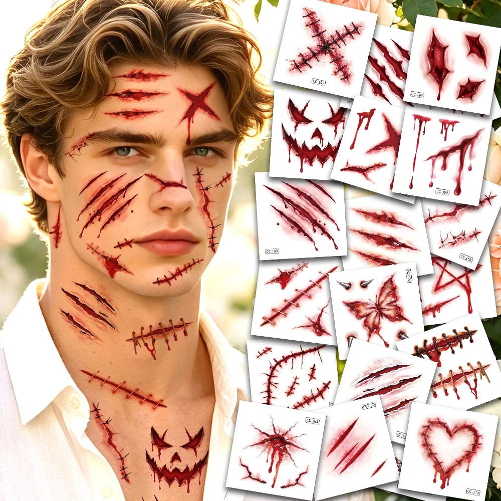 Halloween 3D Bloody Wound Scar Tattoo Stickers, 20 Pieces, Realistic Horror Fake Scar Tattoo Stickers, Halloween Body and Face Masquerade Prank Makeup Props, Halloween Party Gift Decorations, Easy to Apply and Remove
