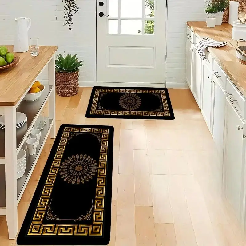 VIKAMA Modern Geometric Kitchen Rug, Non-Slip Machine Washable Floor Mat, Golden Print for Home Dining Laundry