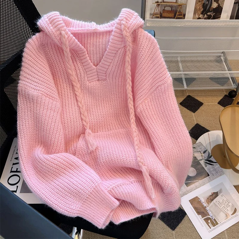 

Women Hooded Knitted Sweaters Solid Simple Lace Up Loose Casual Sweet Pullovers Fashion All Match Pocket Gentle Female Jumpers