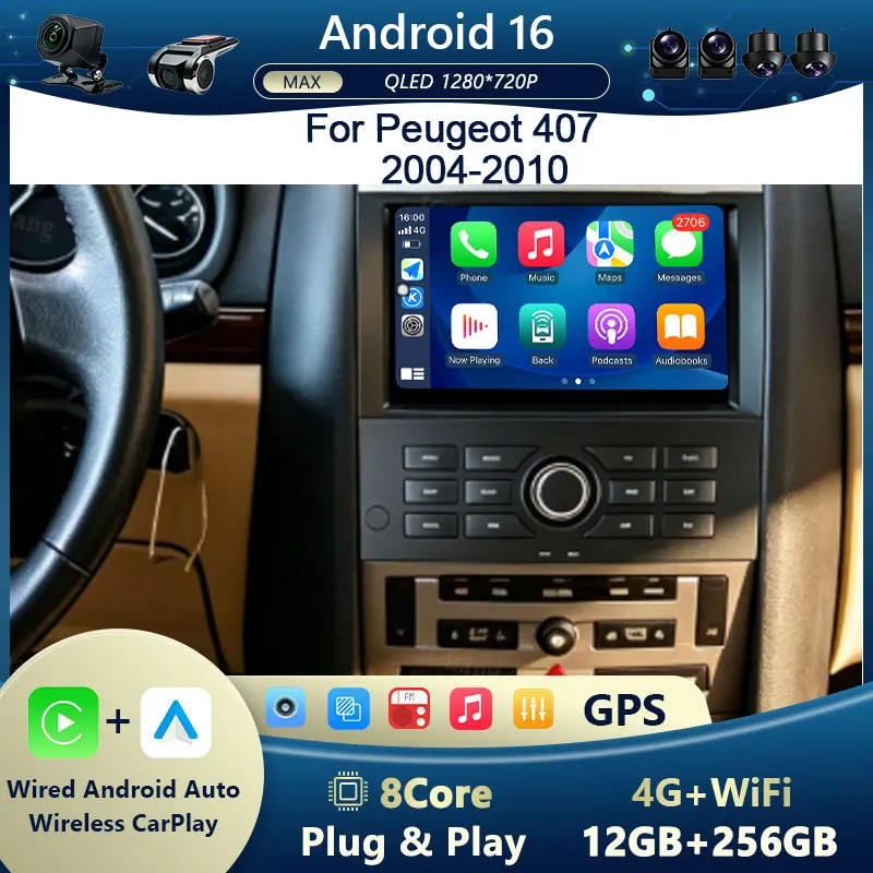 Android 16 WiFi DSP QLED IPS CarPlay Android Auto Bluetooth for Peugeot  407 2004 - 2010  GPS Navi  Multimedia HD Touch Screen