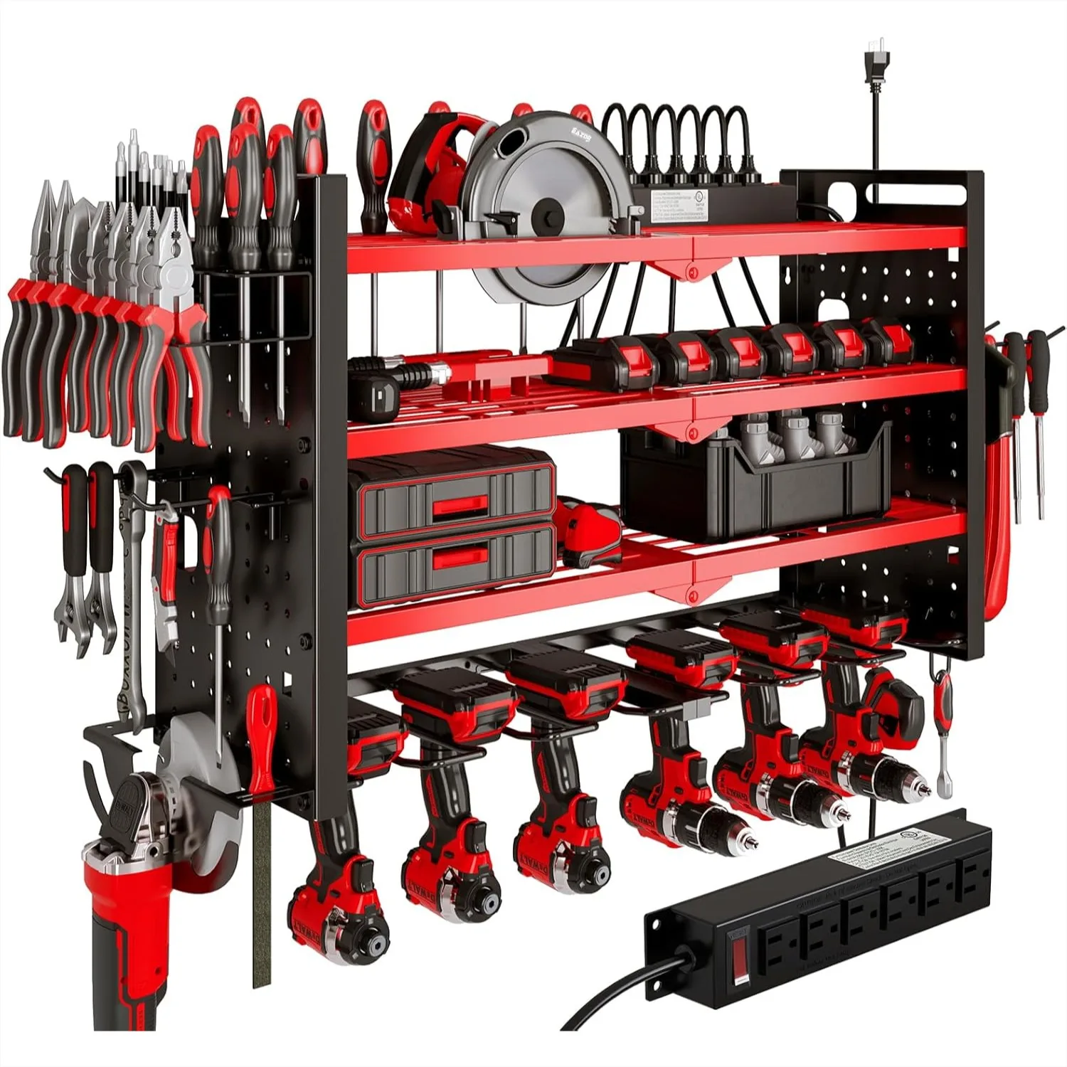 

Power Tool Organizer Wall Mount with Charging Station, 4-Layer 6-Slot Cordless Drill Holder & Angle Grinder Holder, 290 lbs