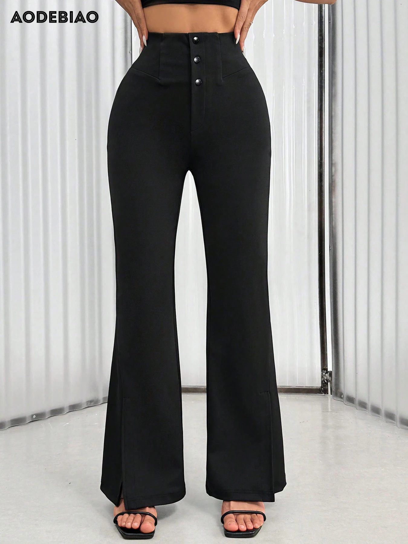 

AODEBIAO Gothic Women's Trousers Summer Sexy Slim Black Basic Button High Waist Pants Women Solid Fashion Casual Split Trousers