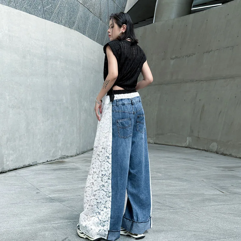 EAEOVNI уличная одежда, джинсовые длинные брюки Y2K, кружевные лоскутные брюки контрастного цвета, свободные широкие брюки с высокой талией, новинка 2023 г.