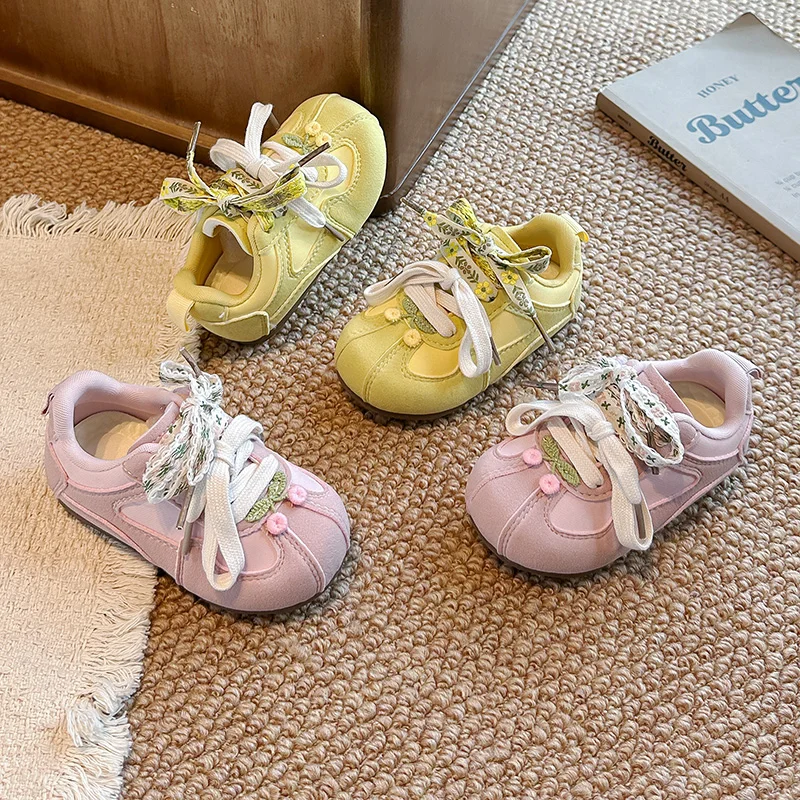 Toddler Girls Floral Bow Sneakers Magic‑Tape Fake Lace‑Up Soft Rubber Sole Casual Walking Shoes