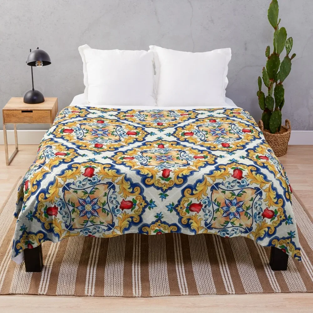 Sicilian Majolica Colourful Floral Flourishes Tile Pattern Throw Blanket Luxury Throw manga for babies Flannels Blankets