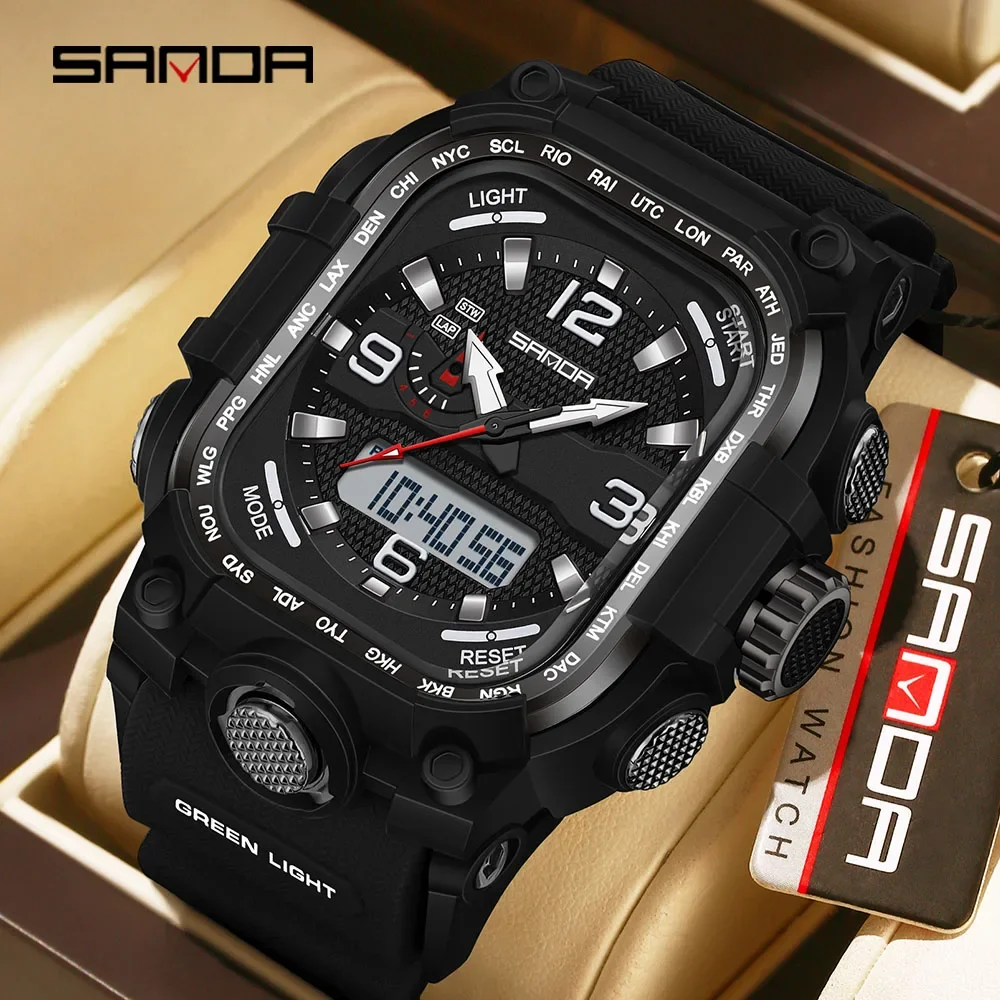 SANDA 6310 New Outdoor Sports Watch for Men, Shock and Drop Resistant 5ATM Waterproof Night Light Countdown Dual Display Watch