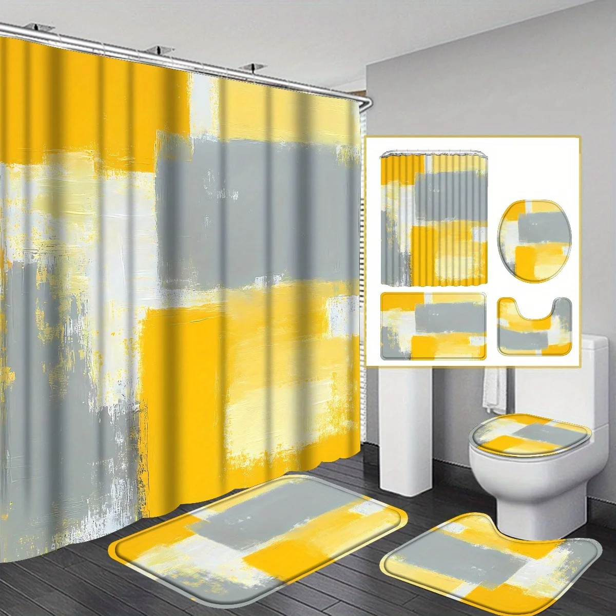 

Набор из 4 модных шторок для душа с абстрактным узором, прочный комплект для ванной комнаты с 12 крючками, в комплекте с противоскользящими ковриками.